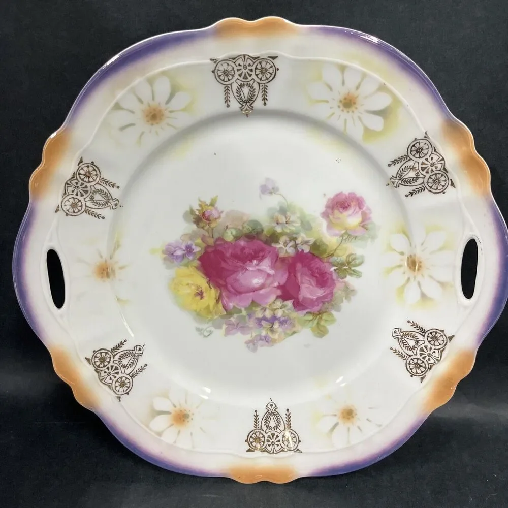 VTG German Porcelain Lusterware Roses Flowers Enclosed Handle‎ Cake Plate 9.75”